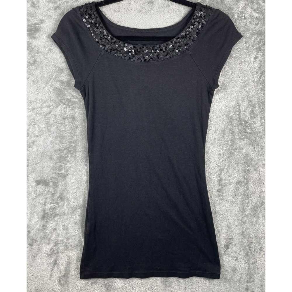 EXPRESS Sequin Neckline‎ Tee Shirt Womens Small Faded Black Fairy Grunge Y2K 08